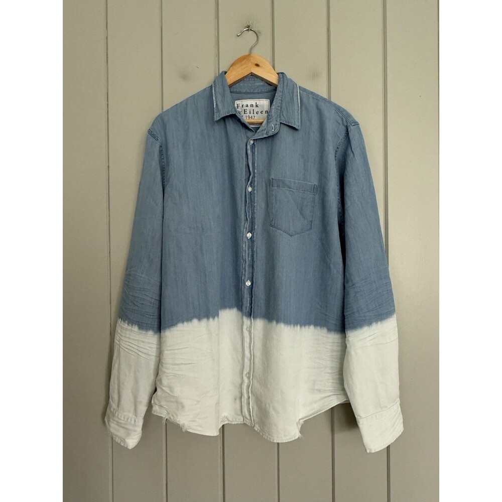 Men's Frank & Eileen Shirt L Large Chambray Dip Dye Blue White Distressed